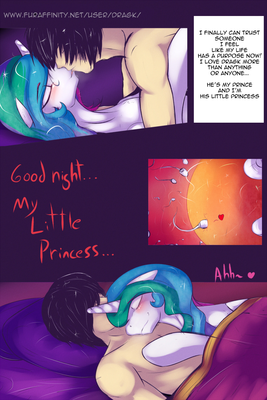 2015 black_hair blush closed_eyes comic cum dialogue dragk duo english_text equine female feral friendship_is_magic hair heart hi_res horn human impregnation kissing long_hair lying male male_human/female_feral mammal multicolored_hair my_little_pony nude on_back ovum penetration princess_celestia_(mlp) sperm_cell straight text title_drop