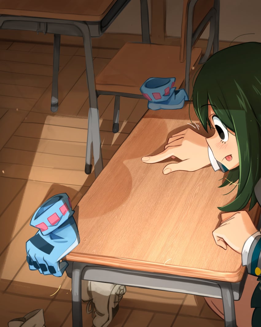 2girls :p absurdres asui_tsuyu black_eyes blue_gloves blush boku_no_hero_academia chair derivative_work desk female female_only gloves green_hair hagakure_tooru highres indoors invisible invisible_girl khyleri long_hair multiple_girls my_hero_academia school_desk shoes sitting_on_desk tongue tongue_out tooru_hagakure tooru_hagakure_(invisible) tsuyu_asui white_footwear