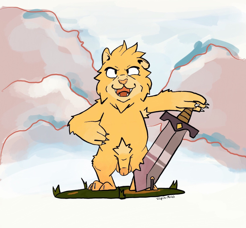 1boy anthro claws cloud fangs feline flaccid furry grass hairy half-closed_eyes lion looking_at_viewer male male_only mammal melee_weapon nude open_mouth outdoors paws penis pose pubic_hair standing sword teeth testicles text vulpinemutt watermark weapon wonder_boy wonder_boy:_the_dragon's_trap