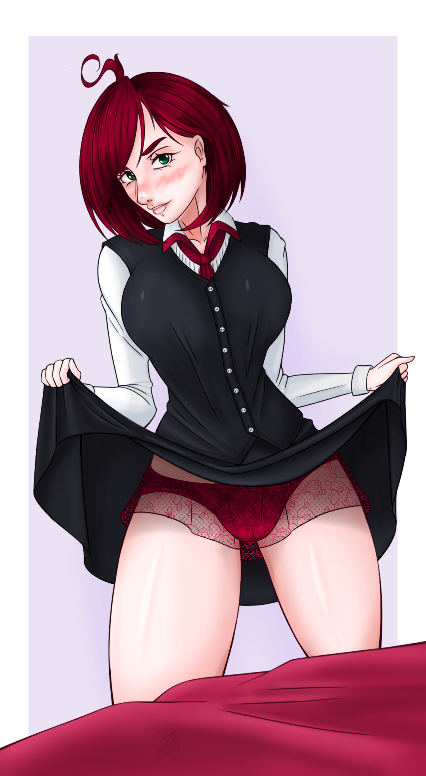 black_clothes displaying ecchi green_eyes hentai lyssyê oc red_hair red_panties showing_panties waifu wallpaper white_skin