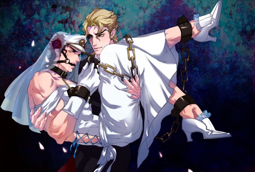 ankle_cuffs bara bit bit_gag bondage chains crossdressing cuffs dio_brando gag gay_domination hat jojo's_bizarre_adventure jotaro_kujo less_end male male_only maledom malesub multiple_boys phantom_blood stardust_crusaders wedding_dress wrist_cuffs yaoi