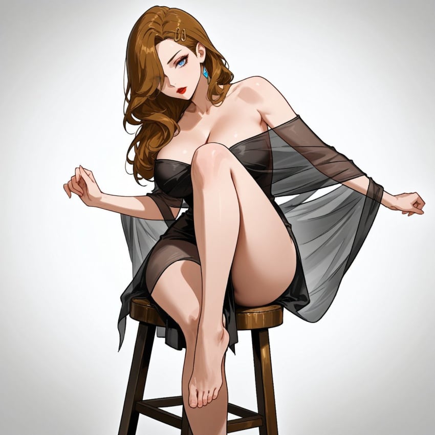 ai_generated bare_legs barefoot big_breasts blue_eyes brown_hair clothed earrings feet hair_ornament original_character posing red_lips red_lipstick shawl solo_female thighs