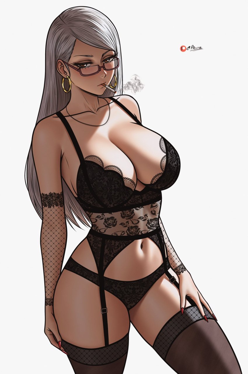 1girls ayase_seiko big_breasts big_hips breasts cleavage dandadan earring earrings gilf glasses glasses_on_face grey_hair lingerie lingerie_bra lingerie_only lingerie_panties mature nails nails_painted older older_female prixmal smoking smoking_cigarette solo tagme thick_thighs thighhighs thighs