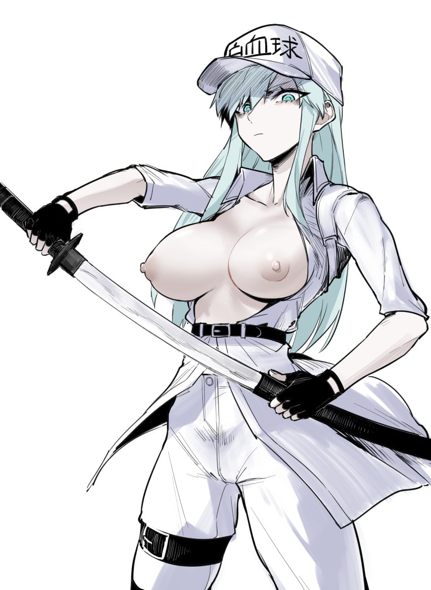 absurd_res belt big_breasts blue_eyes blue_hair breasts breasts_out cap cells_at_work coat exposed_breasts female fingerless_gloves glaring hat hataraku_saibou hataraku_saibou_black highres j.k. katana large_breasts looking_at_viewer nipples no_bra open_shirt sheath sword_sheath u-1196 white_background white_blood_cell_(hataraku_saibou) white_coat