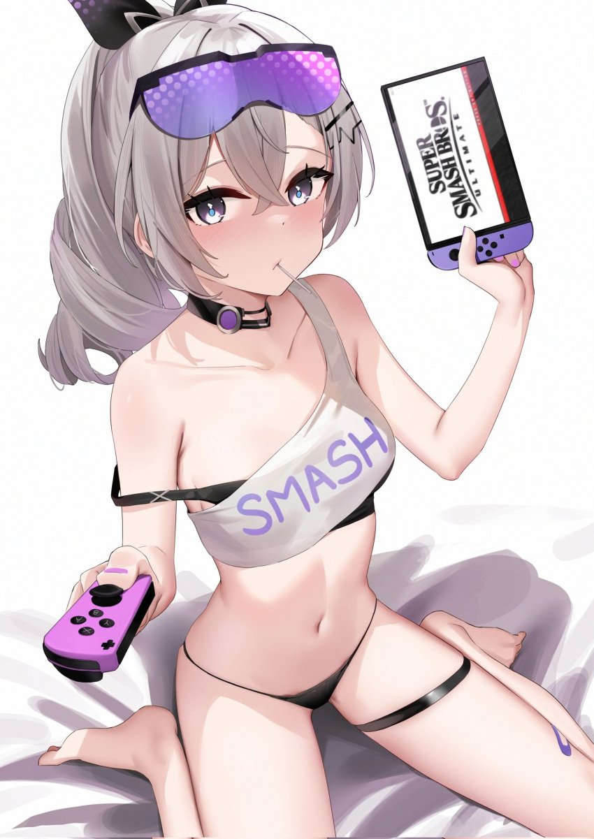 1girls blue_eyes eyewear_on_head grey_eyes honkai:_star_rail horny horny_female lollipop_in_mouth nintendo_switch silver_wolf_(honkai:_star_rail) sitting_on_bed skai_kun super_smash_bros. underwear