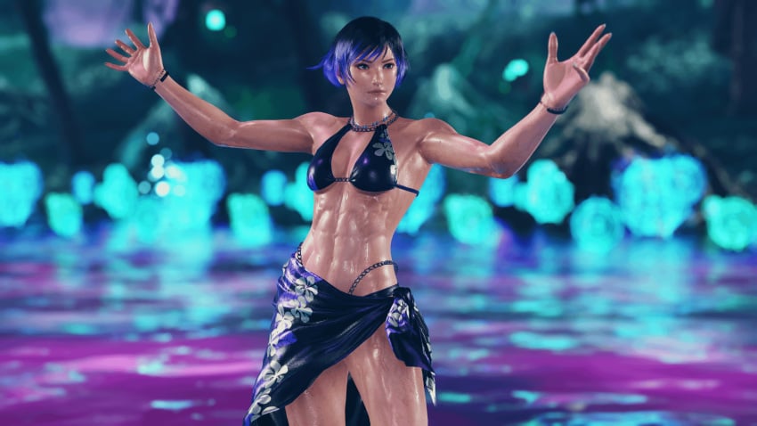 abs arms_up bikini bikini_top bob_cut gameplay_screenshot medium_breasts multicolored_hair muscular_female reina_mishima screenshot short_hair sweat sweating sweaty tekken_8 tomboy wet wristband wristlet wristwear