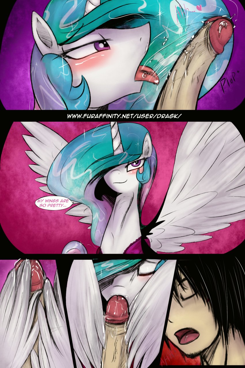 2014 alicorn black_hair blush closed_eyes comic dialogue dragk duo english_text equine feathered_wings feathers female feral friendship_is_magic fur hair hi_res horn human human_on_feral interspecies male male_on_feral mammal multicolored_hair my_little_pony penis princess_celestia_(mlp) purple_eyes straight text tongue tongue_out white_fur wingjob wings zoophilia