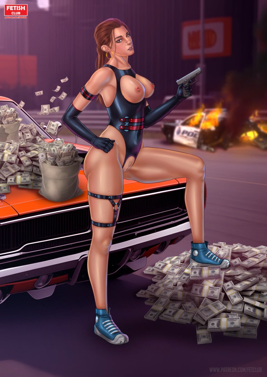 breasts converse earrings fetclub grand_theft_auto grand_theft_auto_vi gun latina lucia_(gta) money ponytail pussy skimpy_clothes skimpy_outfit vagina weapon