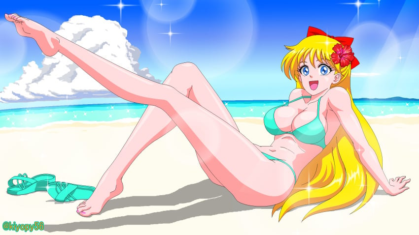 1girls alluring bare_legs beach bikini bishoujo_senshi_sailor_moon blonde_hair blue_eyes blue_sky bow female flower high_heels_removed kiyopy56 long_hair medium_breasts minako_aino ocean pin_up sailor_venus swimsuit winking