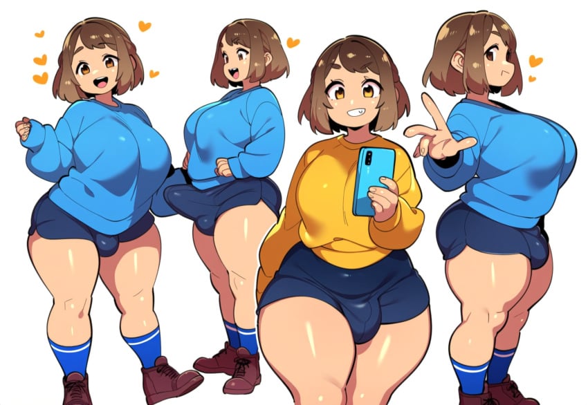 1futa ai_generated brown_hair bulge erect_nipples_under_clothes erection futanari grin large_breasts mullon nameless_character original original_character phone shortstack smile thick_thighs wide_hips