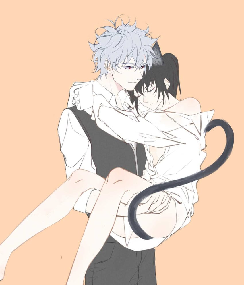 2boys aged_down bishonen black_hair bottomless bridal_carry carrying carrying_partner cat_ears cat_tail catboy dress_shirt femboy gay gintama gintoki_sakata hijikata_toshiro kemonomimi long_hair long_hair_male male male_only pale-skinned_male pale_skin ponytail shinsengumi_(gintama) sleeves_past_wrists smile twink wholesome xbwgfmyyhyg yaoi