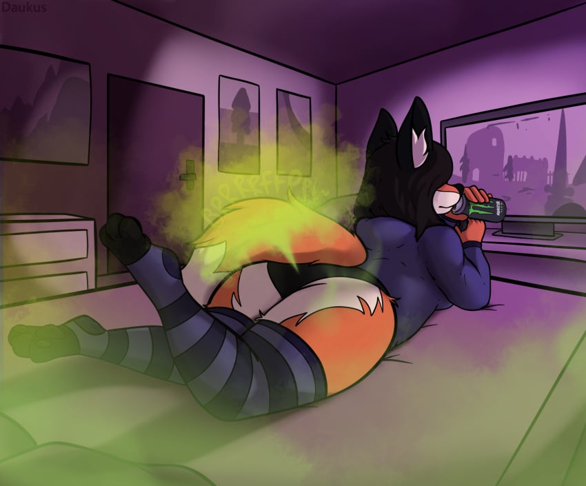 anthro ass bed bedroom bottomwear brown_hair butt_heart canid canine clothing controller daukus electronics fart fart_fetish female fox furniture gaming hair hi_res hoodie inner_ear_fluff laura_(daukus) legwear lying mammal monster_energy monster_energy_can on_front orange_body panties solo television thigh_highs topwear tuft underwear