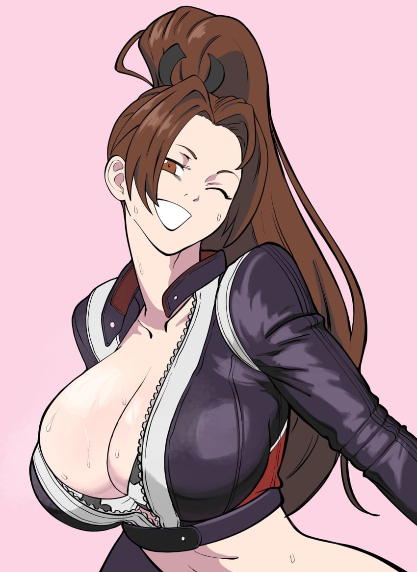 1girls alternate_costume animal_print big_breasts bikini black_jacket breasts brown_eyes brown_hair brunette_hair bursting_breasts busty cleavage confident cow_print cow_print_bikini fatal_fury fatal_fury:_city_of_the_wolves female female_focus female_only hag half-closed_eyes highres huge_breasts jacket king_of_fighters large_breasts leather leather_jacket light-skinned_female light_skin long_hair looking_at_viewer mai_shiranui mai_shiranui_(city_of_the_wolves) matching_hair/eyes midriff milf octavius_dp official_alternate_costume one_eye_closed open_mouth ponytail print_bikini seductive seductive_look sensual smile snk solo sweat sweaty_breasts unzipped voluptuous wink