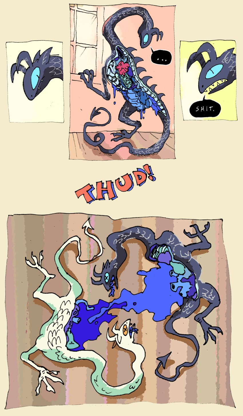 anthro bedupolker bisected blood blue_body blue_eyes blue_scales bodily_fluids comic death dialogue dragon dying entrails feral gore hi_res limerence_(bedupolker) lust_(bedupolker) male mythological_creature mythological_scalie mythology open_mouth scales scalie solo sound_effects speech_bubble white_body white_scales wounded yellow_eyes