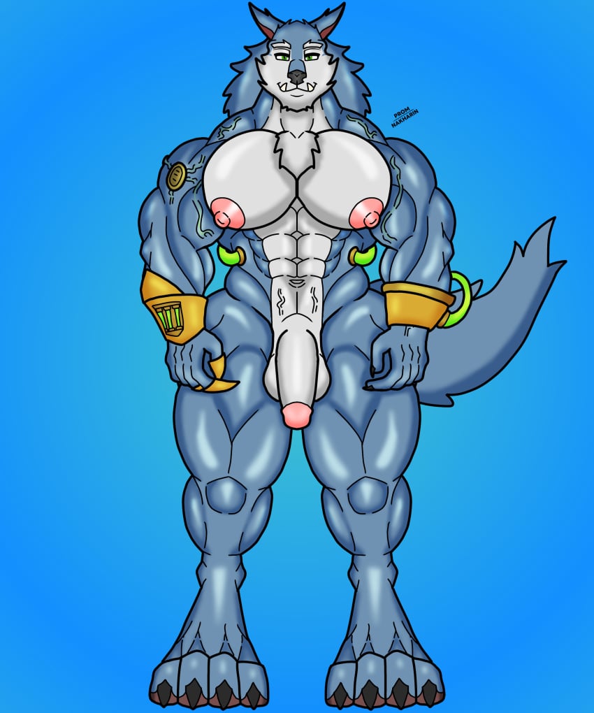 absurd_res big_pecs canid canine canis futanari genitals hi_res league_of_legends male mammal muscular nakharin nipples pecs penis pink_nipples riot_games solo tencent warwick wolf