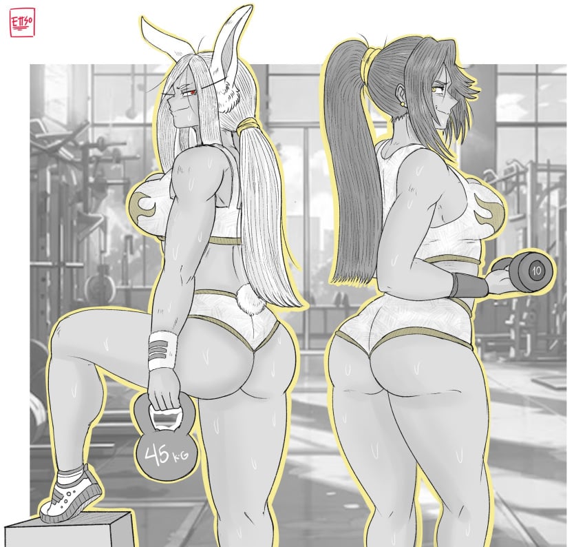 2girls big_breasts bubble_ass bubble_butt bunny_ears bunny_girl crossover dark-skinned_female dat_ass ettso gym gym_clothes looking_at_another miruko my_hero_academia rumi_usagiyama shihouin_yoruichi sweat sweatdrop sweating sweaty weights