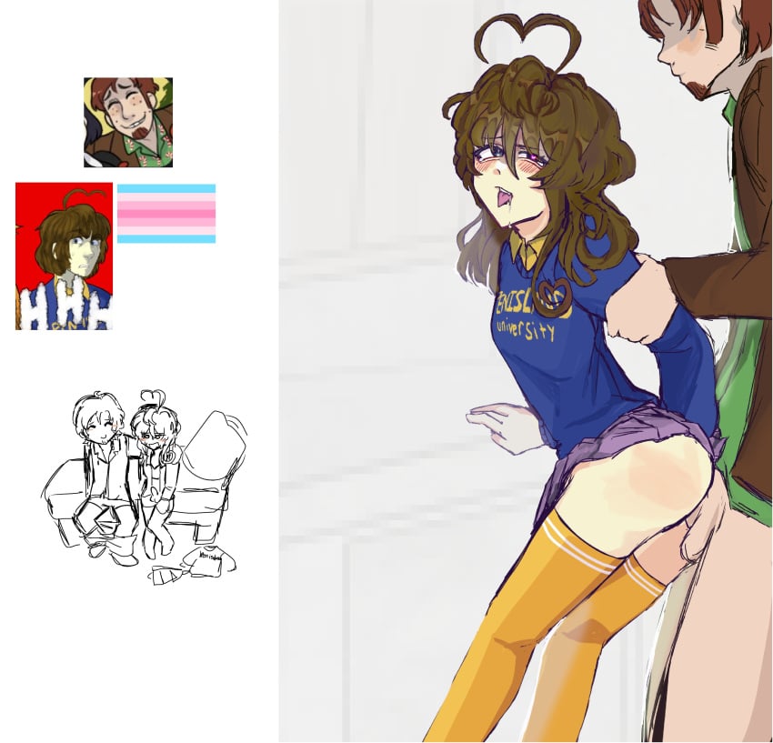 1female 1futa 1male age_difference aged_down ahoge anal anal_sex back_view blue_eyes blueycapsules bosley_boseman brown_hair ginger girl high_school male/female penetration rule_63 school_uniform schoolgirl sketch skirt skirt_lift teen_girl teenage_girl teenager tongue tongue_out william_afton william_j_afton