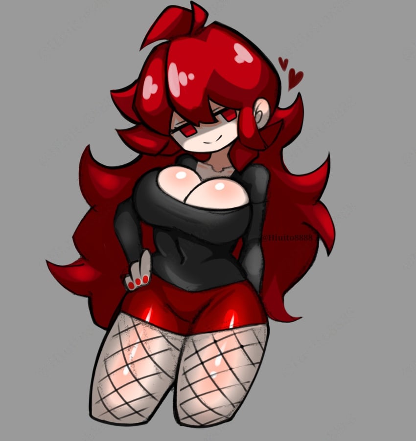 ahoge black_shirt cleavage collarbone cowboy_shot female fishnet_legwear friday_night_funkin girlfriend_(friday_night_funkin) grey_background heart hiuito8888 large_breasts long_hair long_sleeves looking_at_viewer nail_polish red_eyes red_hair red_nails skindentation smile