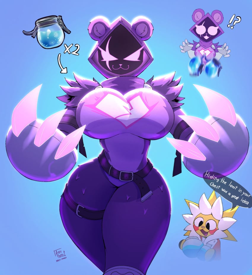 1boy1girl 2020s 2024 2d 2d_(artwork) 5_fingers :3 anthro anthro_only arzyparzy belt belt_buckle big_breasts big_thighs boots bottom_heavy breasts curvaceous curvy curvy_body curvy_female curvy_figure dialogue english english_text female female_focus fortnite fur furry furry_female furry_only hi_res highres hips hood hourglass_figure large_breasts large_thighs raven_team_leader scar scar_across_eye shoulder_tuft simple_background slim_waist smile smiling smiling_at_viewer sunspot_(fortnite) sweat thick_thighs thigh_strap thighs tuft ursid wide_hips