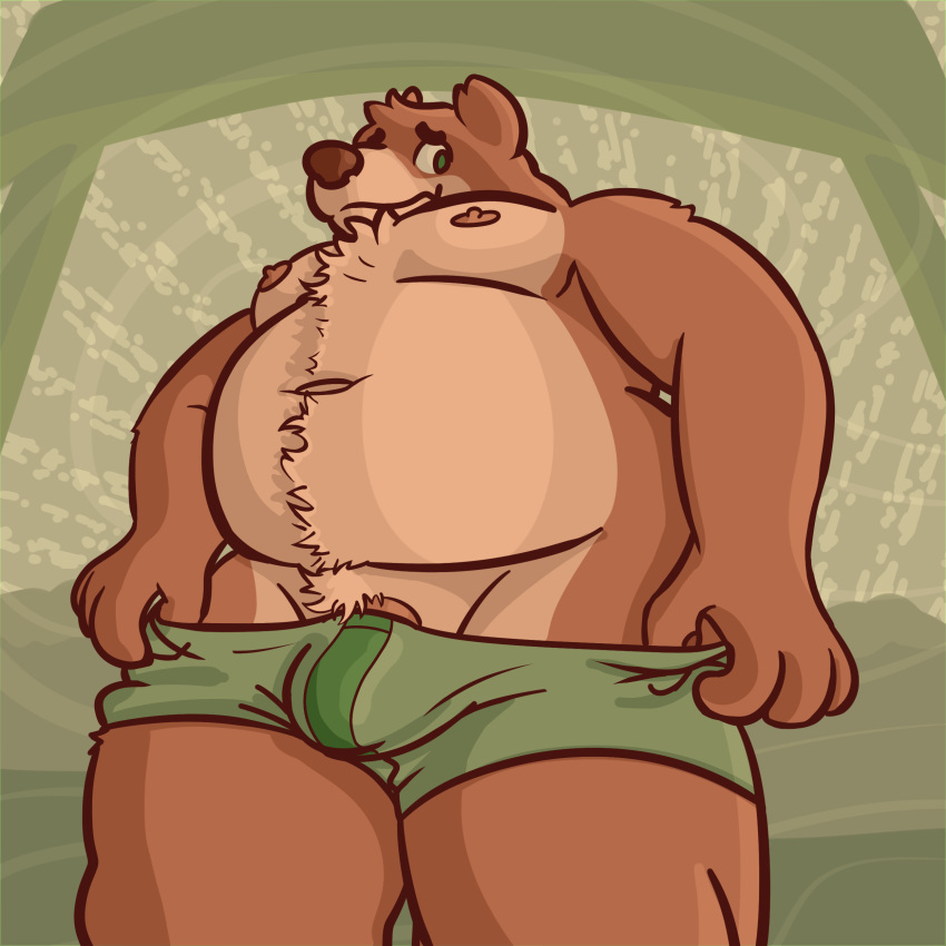 2017 anthro barely_visible_genitalia bear belly big_belly body_hair brown_fur brown_nose bulge chest_hair chest_tuft clothed clothing digital_media_(artwork) front_view fur green_clothing green_eyes half-erect happy_trail hi_res humanoid_penis lint_(pocketfuzz) low-angle_view male male_only mammal moobs mostly_nude multicolored_fur navel nipples overweight overweight_male partially_clothed penis perspective pubes short_fur smile snout solo standing tan_fur thick_thighs topless tuft two_tone_fur underwear undressing worm's-eye_view