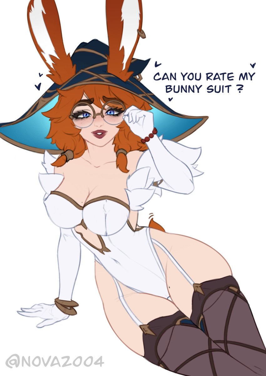 animal_ears animal_pussy ass aurora_(league_of_legends) blue_eyes breasts bunny_tail bunnysuit fantasy female freckles fur furry furry_female girly glass glasses glasses_on_head gloves hat league_of_legends lingerie red_fur red_hair solo solo_female solo_focus sorceress suit vastaya white_fur white_gloves white_skin