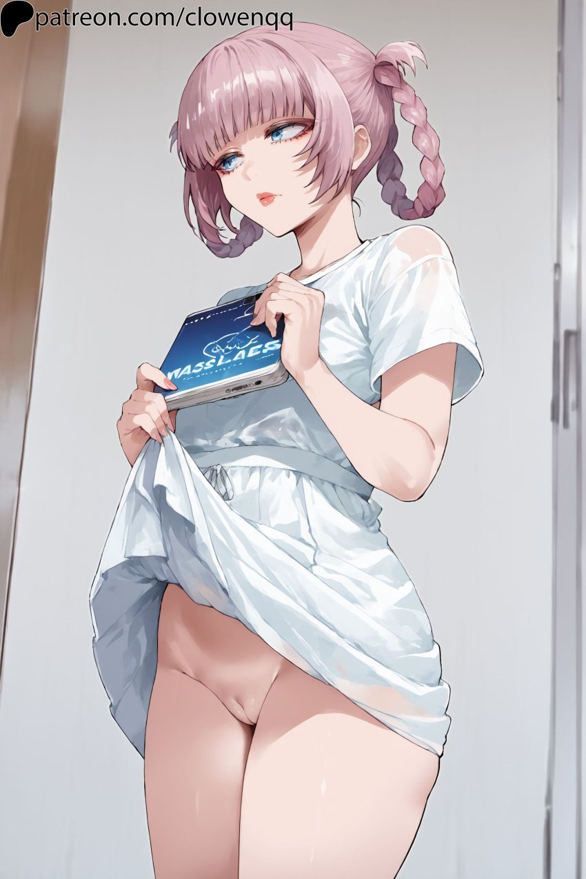 1girls ai_generated blue_eyes bottomless braid clowenqq dress female female_focus female_only holding_object looking_away nanakusa_nazuna no_panties pussy skirt_lift solo solo_female solo_focus standing thighs uncensored white_dress yofukashi_no_uta