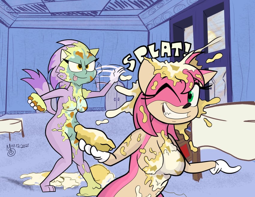 absurd_res amy_rose anthro blaze_the_cat breasts duo eulipotyphlan felid feline female food food_fetish food_play hedgehog hi_res mammal messy nude onomatopoeia pastry pie pie_fight pied sebaku sega smile sonic_(series) sonic_the_hedgehog_(series) sound_effects text tongue tongue_out