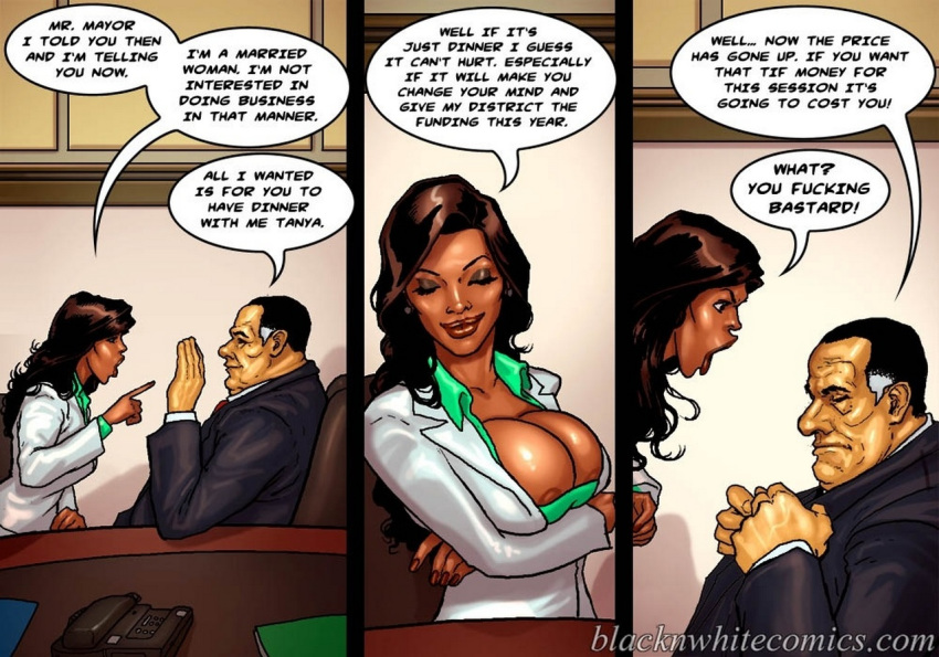 1boy 1girls angry big_breasts blacknwhitecomics brown_hair cleavage comic dark-skinned_female dark_skin dialogue english_text female human human_only interracial male mayor_white nipple_slip pale-skinned_male pale_skin panels straight tanya_jackson the_mayor watermark yair