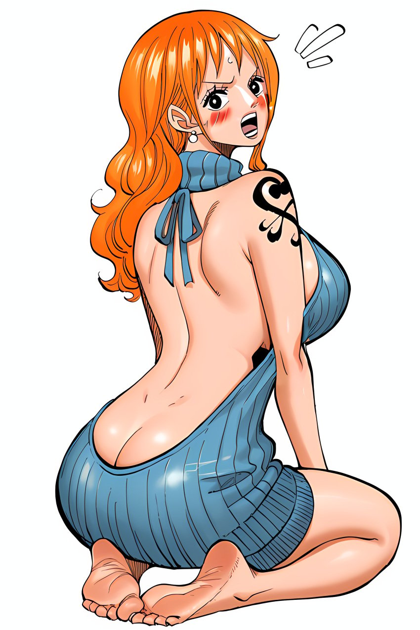 ai_generated alluring almost_naked almost_nude big_ass big_breasts black_eyes earings female female_only nami one_piece open_mouth orange_hair seductive_look seductive_mouth seductive_pose sole_female virgin_killer_sweater voluptuous voluptuous_female