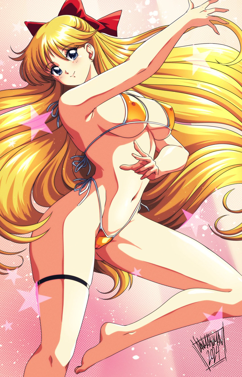 1girls 2024 absurdres aino_minako alluring back_bow bikini bishoujo_senshi_sailor_moon blonde_hair blue_eyes bow cleavage covered_erect_nipples danmakuman hairbow highleg highleg_bikini highres large_breasts long_hair looking_at_viewer minako_aino navel open_mouth orange_bikini orange_skirt red_bow sailor_venus side-tie_bikini_bottom signature skindentation skirt smile solo swimsuit thigh_strap underboob very_long_hair