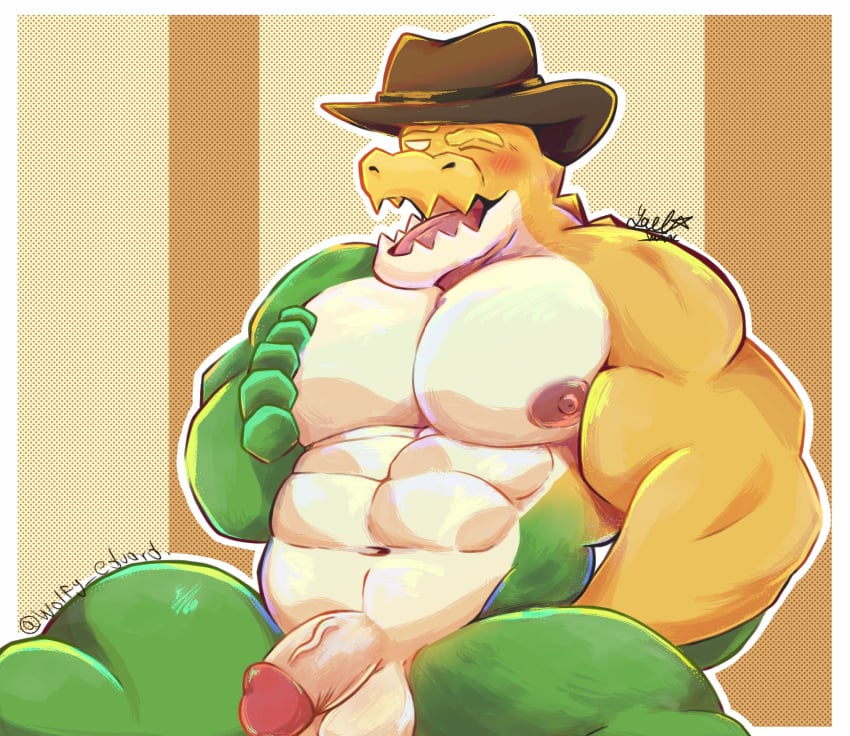 anthro candy clothing cowboy_hat crocodile crocodilian dessert food genitals glitch_productions gummigoo_(tadc) gummy_(food) hat headgear headwear hi_res male male/male muscular muscular_male nipples pecs penis reptile scalie solo the_amazing_digital_circus wolfy_eduard