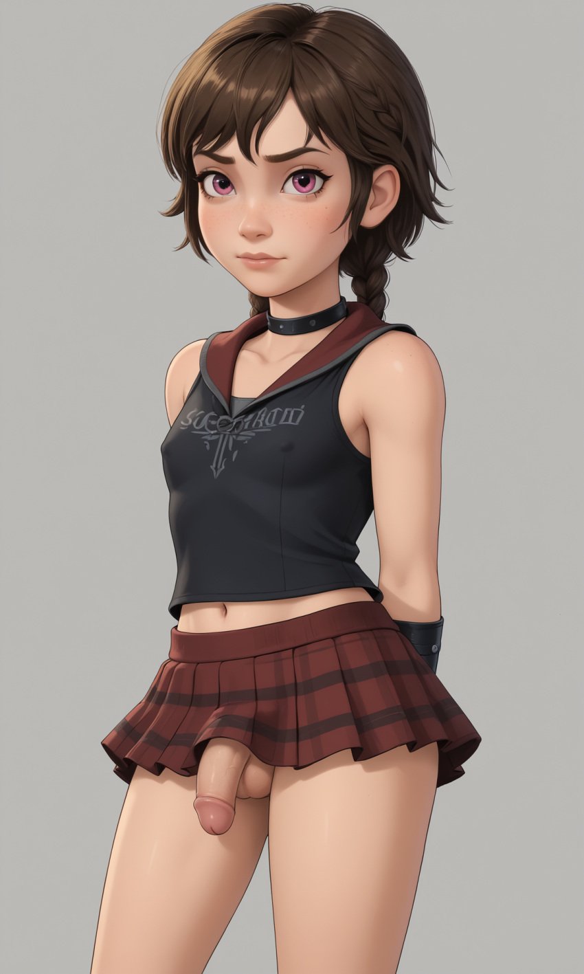 1futa ai_generated brown_hair choker final_fantasy_xv futanari iris_amicitia pink_eyes plaid_skirt sleeveless_shirt small_breasts small_penis solo twin_braids young_female