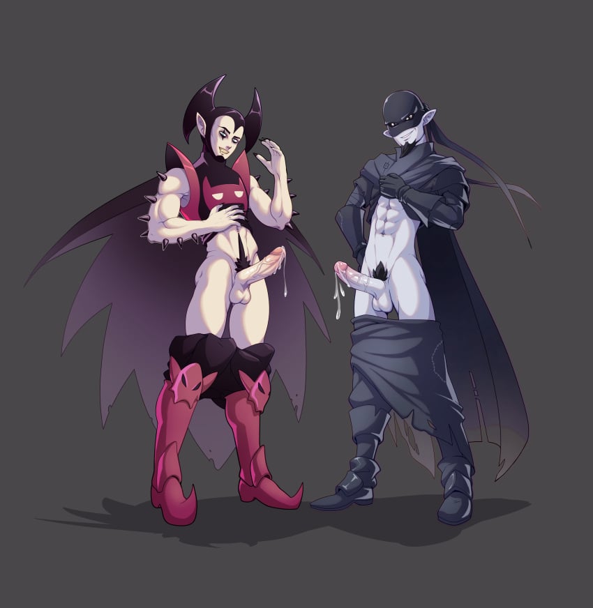 2men adult big_penis black_hair black_pubic_hair chocofrito erection goatee male male_only muscular pants_down pre-cum pubic_hair remington_smisse rogue_(wakfu) shaved_armpit six_pack skinny standing vampire vampyro wakfu