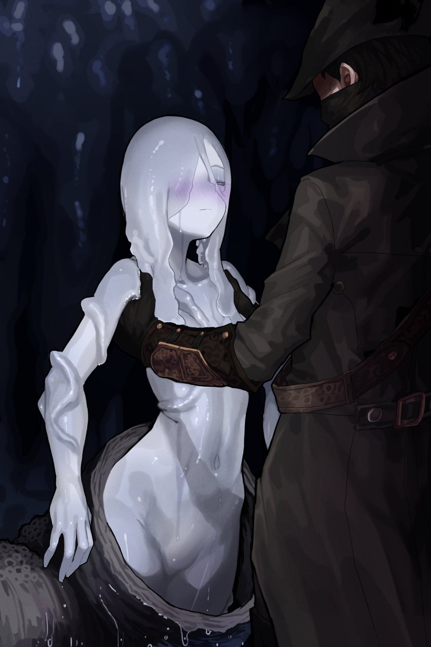 1boy 1girls belly belly_button bloodborne blush blushing clothed clothed_male_nude_female ekrea_jan female fromsoftware fully_clothed fully_clothed_male hunter_(bloodborne) lifting_person lifting_up male monster_girl naked nude pale-skinned_female pale_skin petite petite_body petite_female slimy slimy_body smile smiling snail_girl snail_humanoid snail_woman_(bloodborne) the_old_hunters tummy