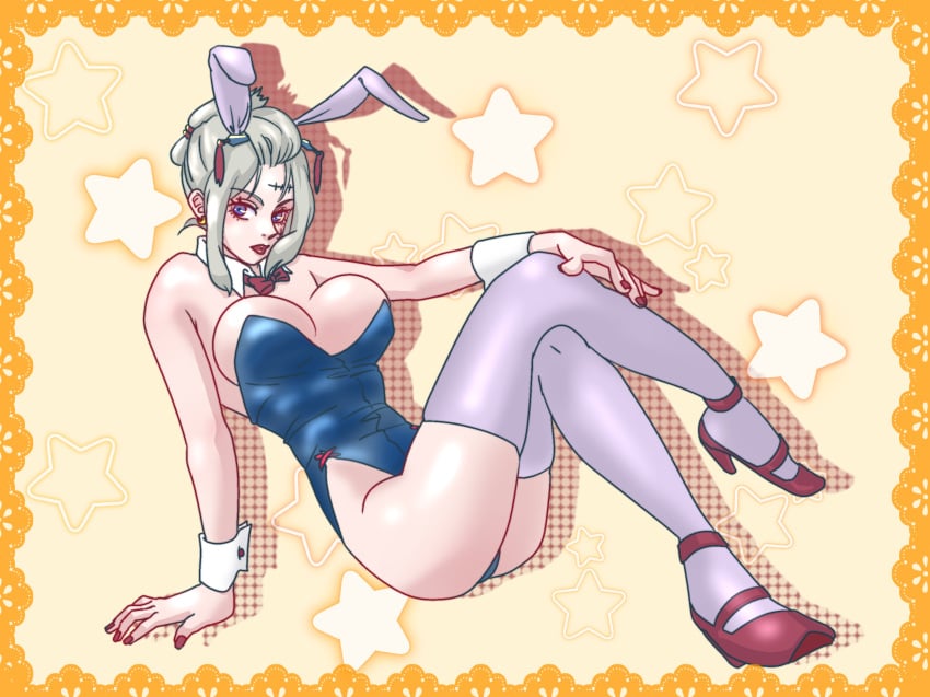 alternate_costume benrinnes_maiko big_breasts blonde_hair bowtie bunny_ears bunny_girl bunnysuit chonmage cleavage detached_collar facial_scar female female_only full_body gintama hair_ornament high_heels kunai lipstick looking_at_viewer playboy_bunny purple_eyes red_lipstick scar sitting solo thighhighs tied_hair tsukuyo wrist_cuffs