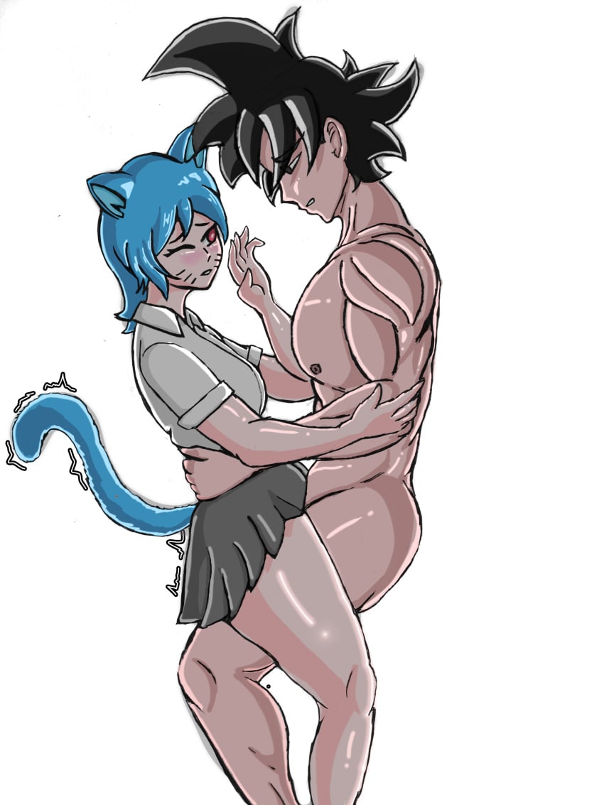 animal_ears anime_style blue_eyes blue_hair blush carrying carrying_partner cartoon_network cat_ears cat_tail catgirl crossover dragon_ball dragon_ball_z nicole_watterson nicole_watterson_(human) red_eyes sex son_goku stand_and_carry_position standing standing_sex tail the_amazing_world_of_gumball the_amazing_world_of_gumball_(human)