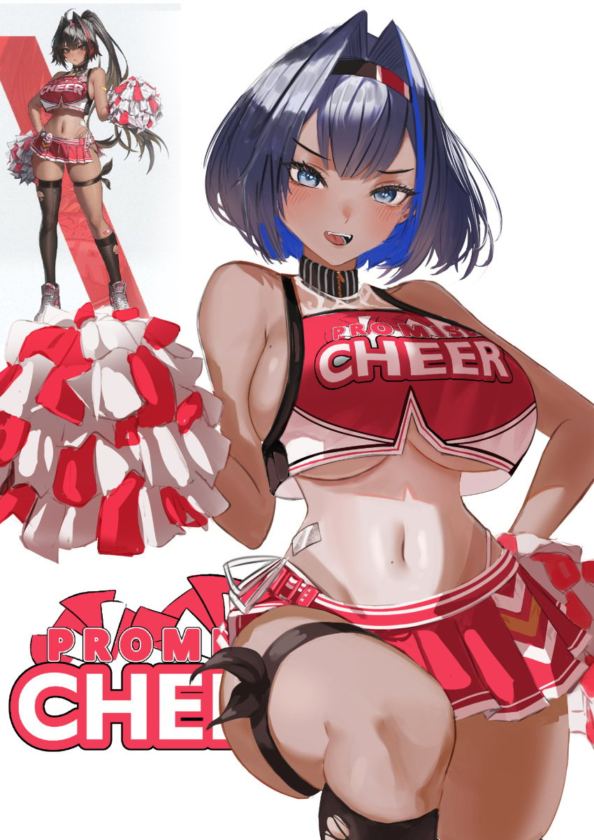 2girls absurd_res bay_(nikke) breasts cheerleader cheerleader_uniform female female_only goddess_of_victory:_nikke hi_res hololive hololive_english hololive_english_-council- hololive_english_-promise- kronie_(ouro_kronii) large_breasts looking_at_viewer otapic ouro_kronii pom_poms skirt tan_body tan_skin tanned thighs virtual_youtuber wide_hips