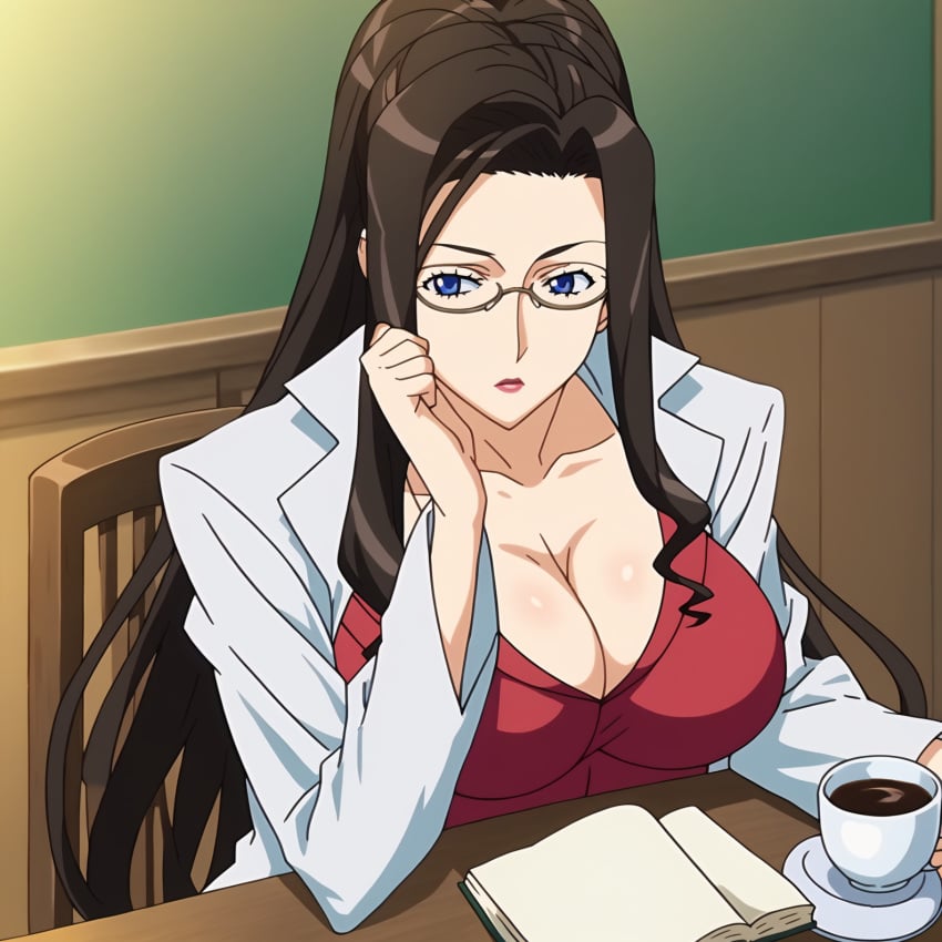 ai_generated black_hair blue_eyes book breasts cafe cleavage coffee coffee_mug dragonaut eyelashes female female_focus female_only glasses huge_breasts indoors kitajima_yuuri labcoat lips long_hair mature_female milf ponytail professor red_bodysuit sitting voluptuous voluptuous_female