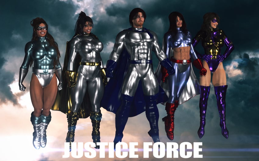 1boy 4girls belt bodysuit boots cape captainjustice27 female floating flying gloves leotard multiple_girls oc original_character original_characters superhero superheroine superpowers tagme