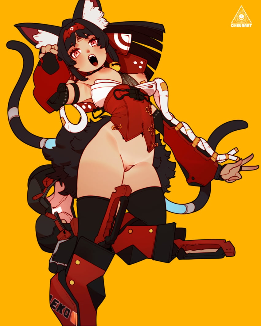 2_tails absurdres animal_ear_fluff animal_ears bell black_hair black_thighhighs breasts cat_ears cat_girl cat_tail cheunchin cleft_of_venus corset detached_sleeves female foot_out_of_frame forehead_tattoo hairband hand_up highres jingle_bell long_sleeves looking_at_viewer multi_tail nekomiya_mana nipples open_mouth pussy red_corset red_eyes red_hairband small_breasts solo tail teeth thighhighs uncensored upper_teeth_only yellow_background zenless_zone_zero