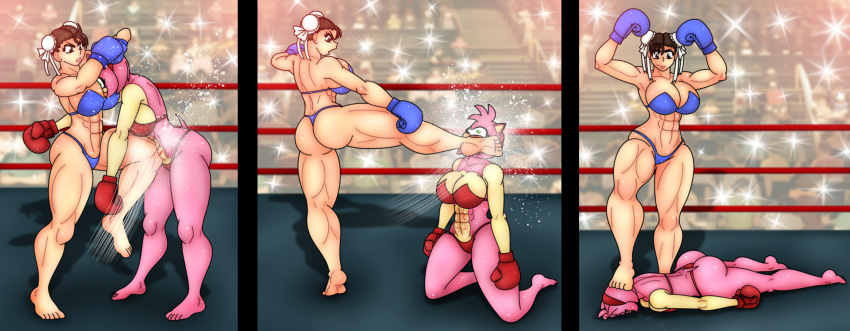 2girls 3_panel_comic abs ag amy_rose asian asian_female ass barefoot big_ass big_breasts big_butt big_thighs bikini blue_bikini blue_boxing_gloves blue_gloves boxing boxing_gloves boxing_ring breasts butt capcom chinese_female chun-li crossover dark_brown_hair defeat defeated duo duo_female duo_focus face_down face_in_breasts faint fainted female female_only fight fighting fighting_ring gloves hedgehog hedgehog_girl human humanoid kick kicking knocked_out light-skinned_female light_skin lying lying_down lying_on_stomach malphasbcs muscles muscular muscular_female on_front on_stomach pink_body pink_fur pink_hair pink_hair_female pink_skin red_bikini red_boxing_gloves red_gloves ryona sega short_hair short_hair_female sonic_(series) sonic_the_hedgehog_(series) standing standing_on_person stepping stepping_on_female stepping_on_head strapless_bikini street_fighter sweat sweatdrop sweating thick thick_ass thick_butt thick_hips thick_thighs thighhighs thighs unconscious unconscious_female victory victory_pose victory_position wide_hips