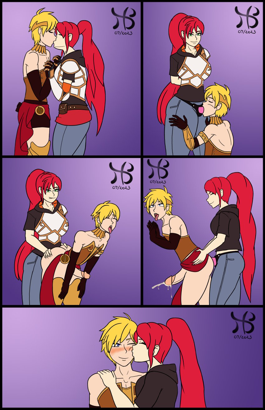 1boy 1girl 1girls clothes_swap crossdressing cumming female_penetrating female_penetrating_male femdom hiasto jaune_arc male_penetrated moaning pegging pyrrha_nikos rwby strap-on strap-on_fellatio strapon tagme taken_from_behind