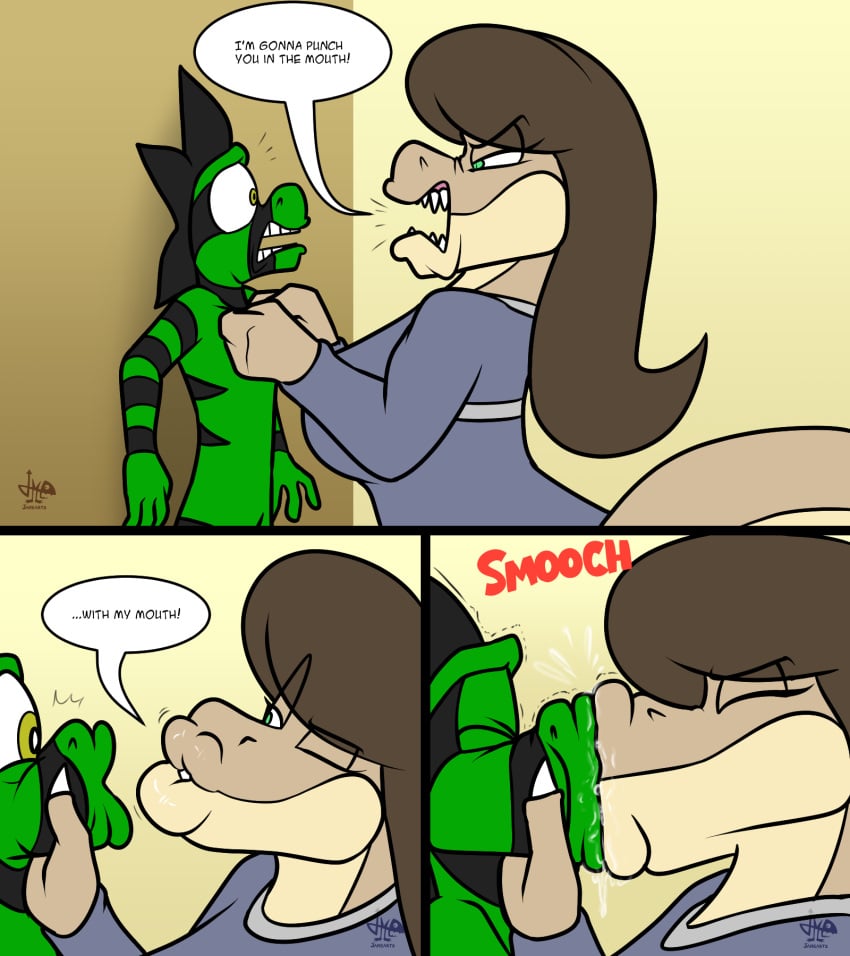 1boy 1girls anthro anthro_on_anthro big_lips breasts brown_hair cameron_(skunkdude13) close-up closed_eyes coach comic comic_panel dialogue diana_(jamearts) dinosaur dinosaur_girl forced_kiss green_body green_eyes gym_teacher jamearts kissing lifting lifting_person light_brown_body lips lizard lizardman long_hair medium_breasts mwah one_eye_closed pinned_to_wall puckered_lips saliva scalie sharp_claws sharp_teeth size_difference smooch two_tone_body tyrannosaurus_rex