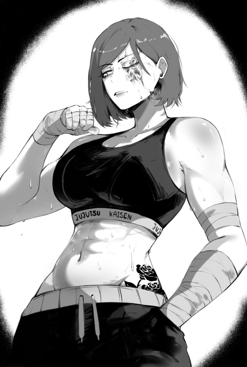 1girls abs anime athletic athletic_female big_breasts blind_eye breasts exercise exercise_clothing female female_focus female_only handicapped jujutsu_kaisen kugisaki_nobara light-skinned_female light_skin manga masoq095 medium_hair one_eye_closed scar_over_eye solo solo_female solo_focus sweating sweaty toned toned_female training