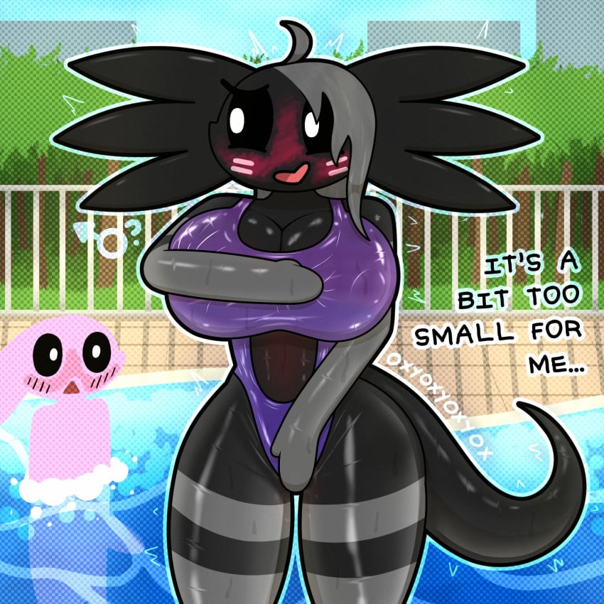 axolotl big_breasts blush breast_awe breasts embarrassed embarrassed_smile genderbend genderswap huge_breasts licorice_(oxyoxyoxyox) marshmallow_(oxyoxyoxyox) oxyoxyoxyox pool rule_63 swimsuit text thick_thighs tight_clothing