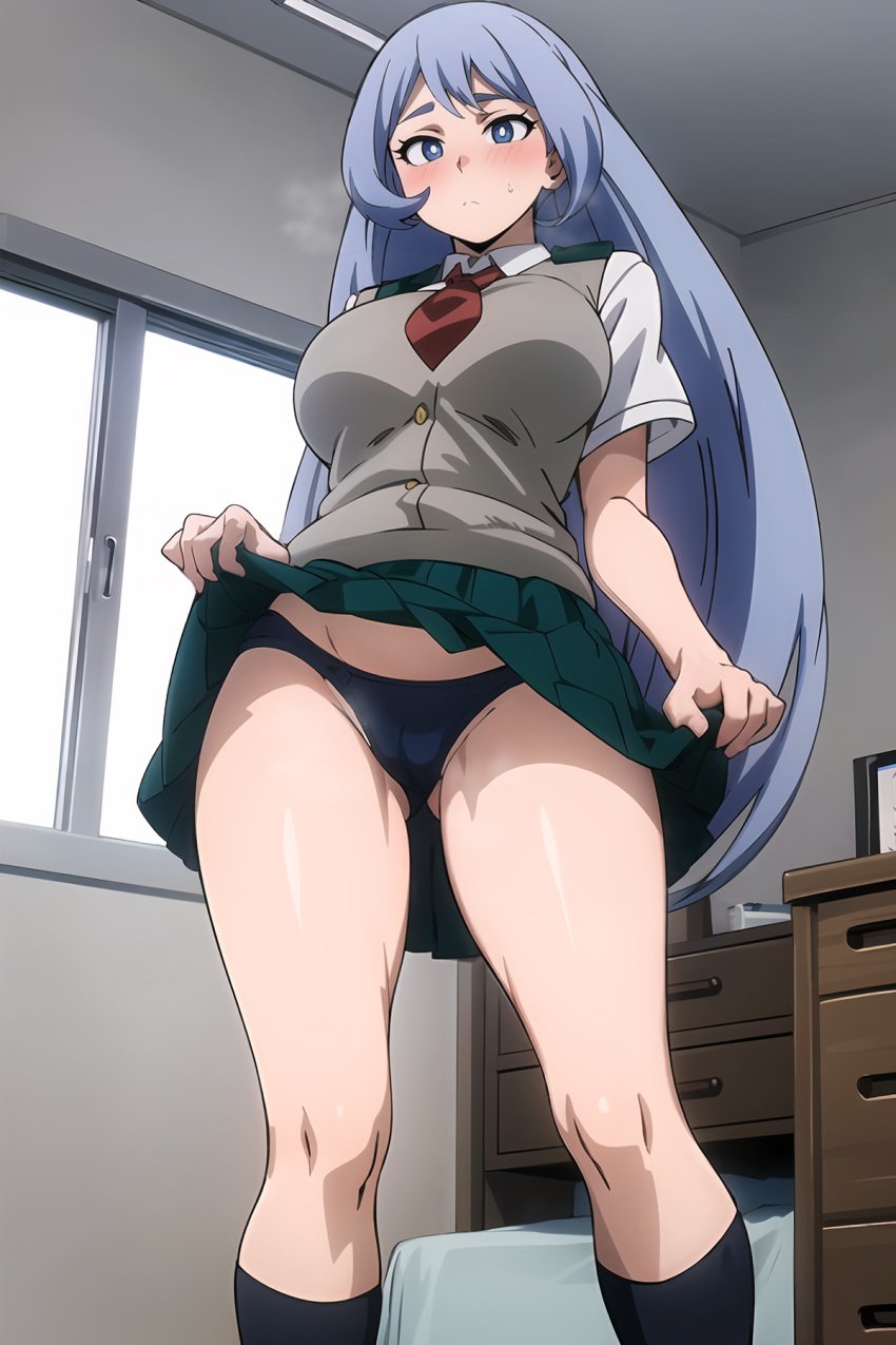 ai_generated below_view big_breasts blush boku_no_hero_academia hadou_nejire legs lifting_skirt my_hero_academia nejire_hado school_uniform schoolgirl_uniform showing_panties