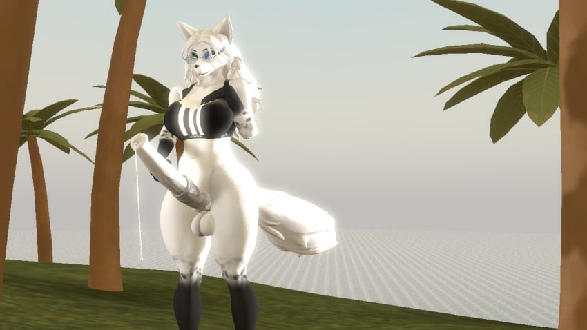 3d 3d_(artwork) balls ballsack black_bra black_hands black_nipples blue_eyes blue_sunglasses cum cum_drip cum_dripping_from_penis erection fox_ears furry furry_futa furry_only futanari futanari_masturbation hand_on_breast hand_on_cock hand_on_penis horsecock large_ass massive_breasts massive_cock massive_penis muzzle nuts nutsack original_character solo source_filmmaker source_filmmaker_(artwork) tail thick_thighs white_body white_ears white_fur white_tail