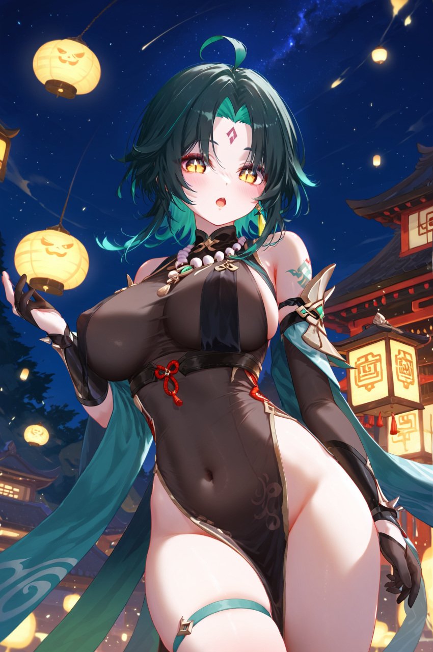 1girls absurd_res ahoge ai_generated asymmetrical_clothes bangs bare_shoulders bead_necklace beads blush breasts covered_navel covered_nipples forehead_mark genderswap_(mtf) genshin_impact lantern large_breasts looking_at_viewer ministro necklace night night_sky outdoors rule_63 short_hair slit_pupils solo xiao_(genshin_impact)