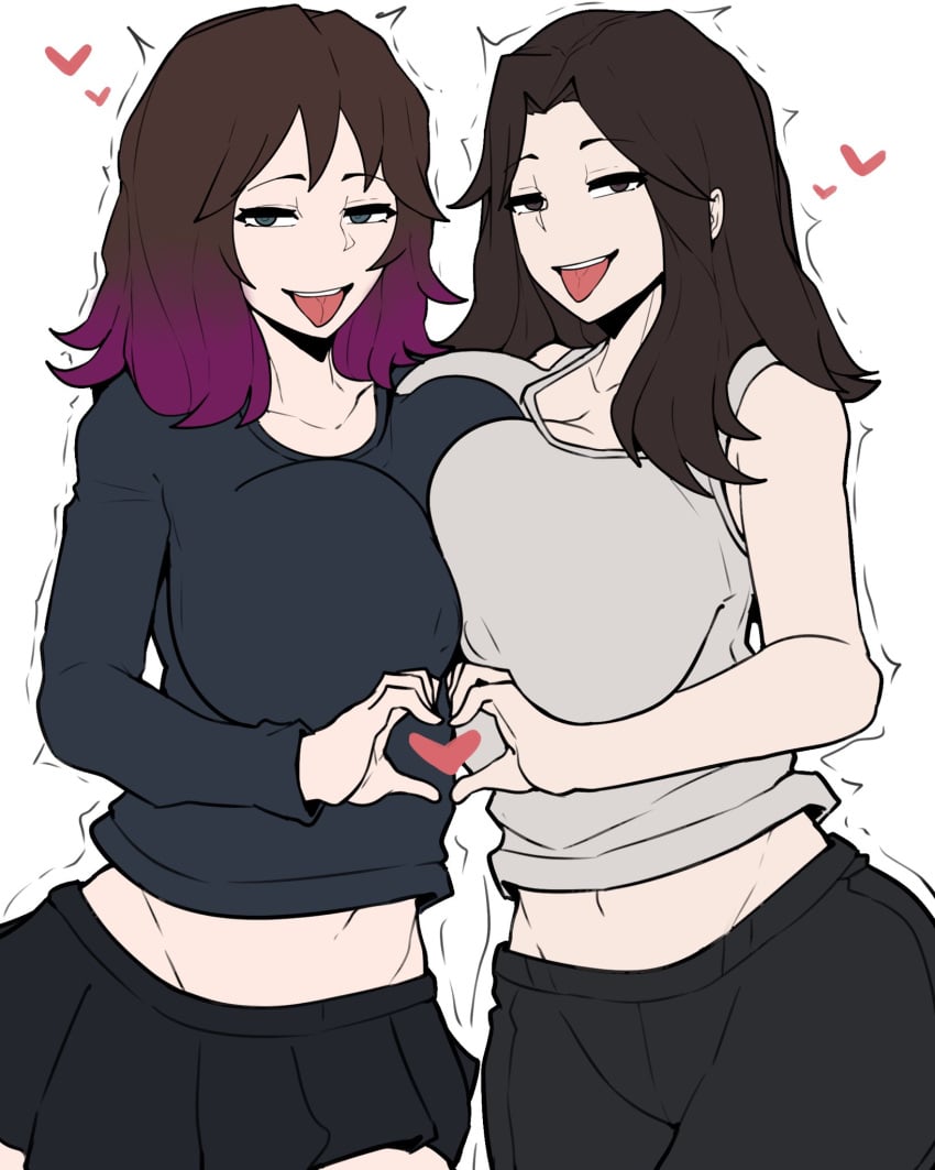 2girls absurdres breast_squish goth_girl heart_hands_duo hearts_around_head highres horu huge_breasts motion_lines non-web_source original tongue_out