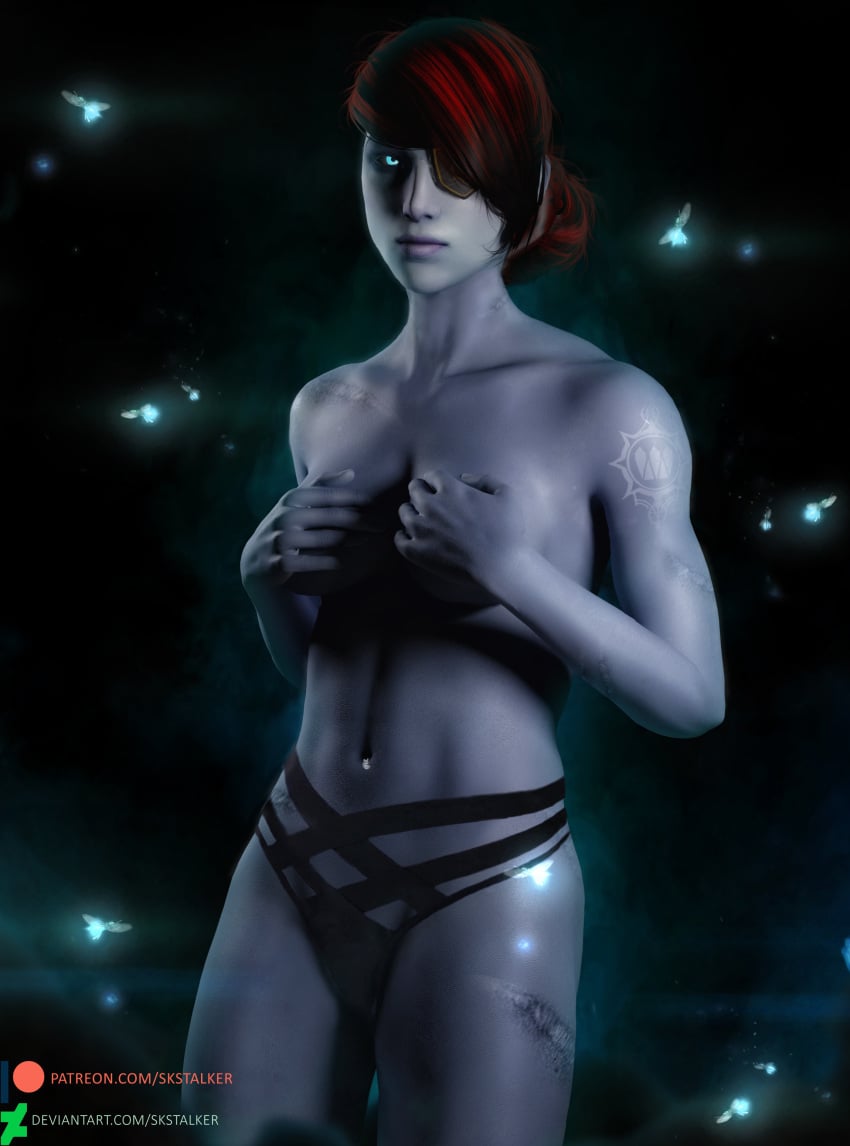 1girls awoken blue_body blue_eyes blue_skin breasts bungie destiny_(game) destiny_2 eyepatch female female_only fit_female glowing_eyes hand_on_breast hands_covering_breasts hi_res high_resolution highres looking_at_viewer panties petra_venj red_hair scar skstalker solo solo_female tagme tattoo tattoo_on_arm tattooed_arm topless topless_female